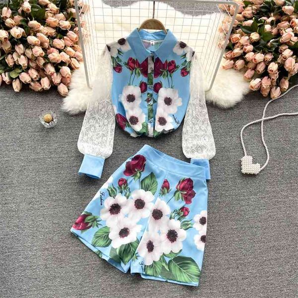 

women's summer fashion lace long sleeve contrast stitching printed shirt + wide leg shorts elegant two piece sets s723 210527, White