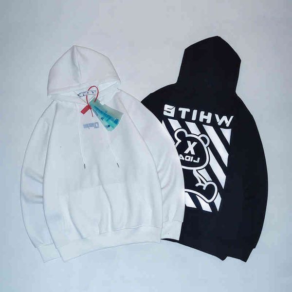 

off 3m tide reflective brand bear diagonal stripe print pullover hoodie sweater style men's and women's plush jacket, Black