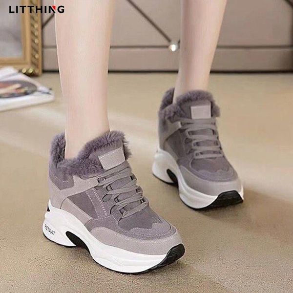 

boots litthing winter warm fur sneakers women platform wedge ankle female casual ladies snow lace up height increasing, Black