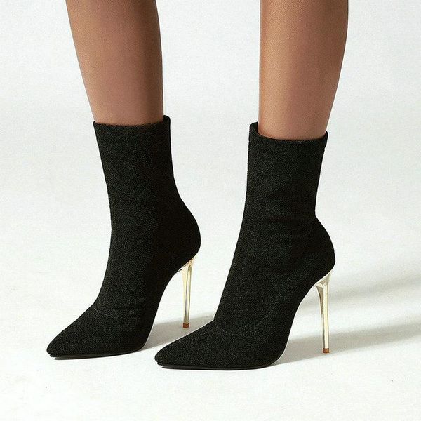 

boots 2021 stretch fabric women ankle leopard thin high heel pointed toe short slip on ladies, Black