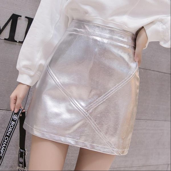 

2021 metallic color faux leather skirt new women high waist a lined bright color mini short skirts femme black silver 2 colors