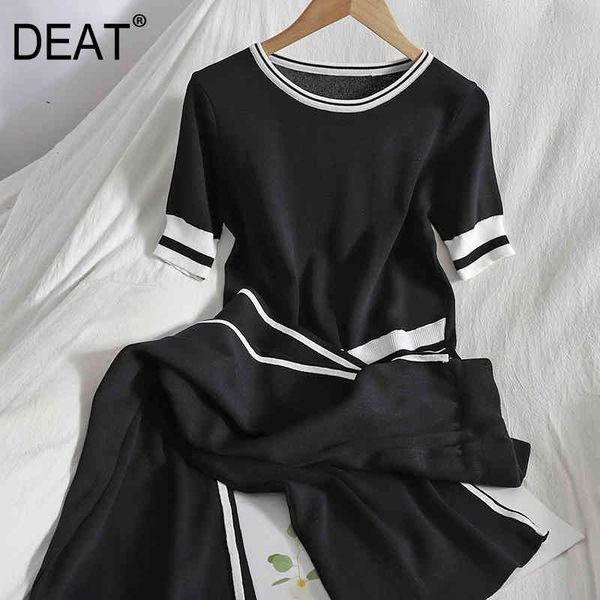 

spring summer knitting irregular round neck short sleeve + slim wide leg pants stripe two piece set sk062 210525, White