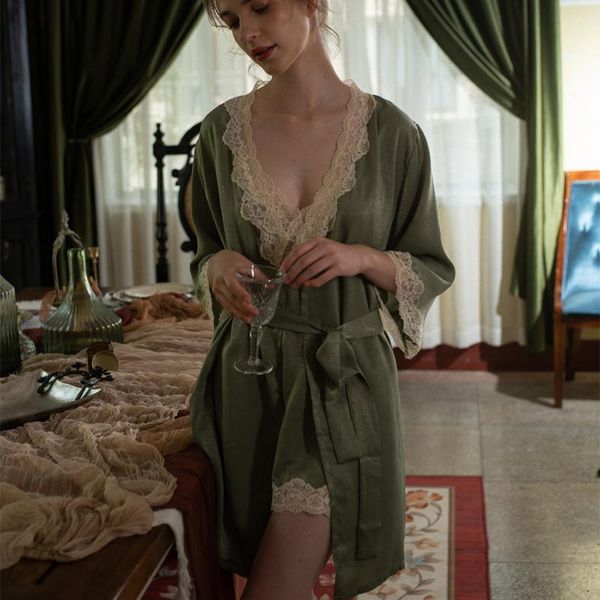 

women's sleepwear satin lace robe sets velvet casual solid kimono gown femme summer strap nightie thin mini 2pcs nightgown faux silk ni, Black;red