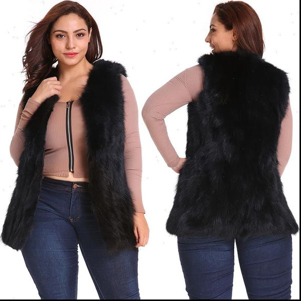 

female fashion slim warm fur overcoat outerwear plus size 6xl long faux fur waistcoat women winter sleeveless casual jacket, Black
