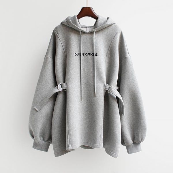 

women's hoodies & sweatshirts [ewq] korea chic loose black waist closing sweatshirt autumn winter fashion women drawstring gray hooded
