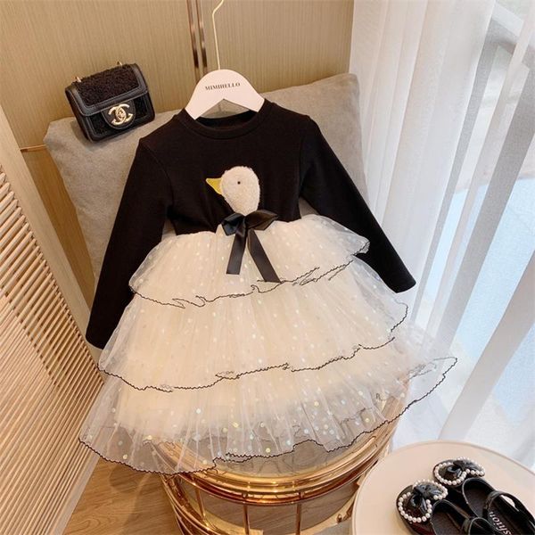 

girl's dresses girls layered princess autumn kids cartoon swan polka dot sequin mesh dress 3-7 years vestidos children fashion clothes, Red;yellow