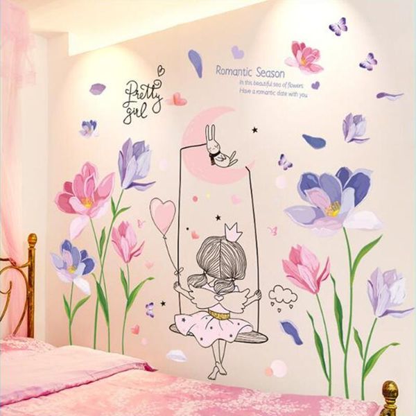 

wall stickers [shijuekongjian] flowers plants diy cartoon girl decals for living room kids bedroom kitchen house decoration