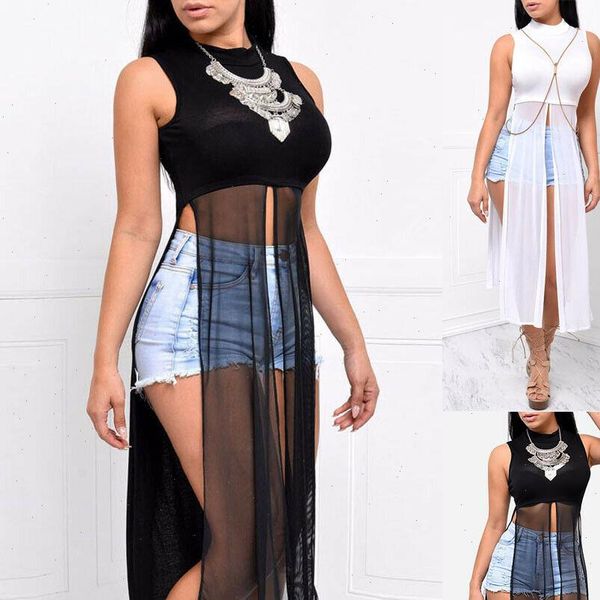 

womens clothing womens sleeveless high neck patchwork side high split shirt long maxi dress, White