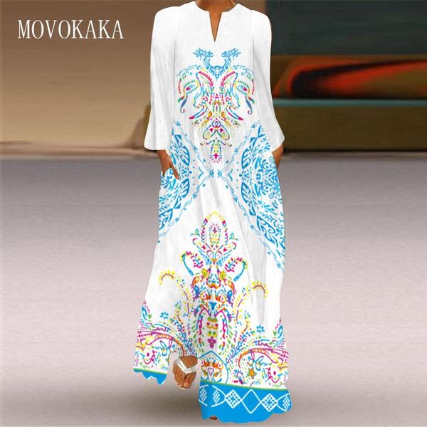 

casual dresses movokaka 2021 3d blue printed white dress autumn long sleeve beach woman elegant girls plus size women, Black;gray