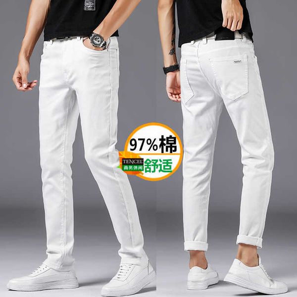 

and spring summer tide brand pure white jeans men's slim small straight fashion trousers elastic casual leggings, Blue