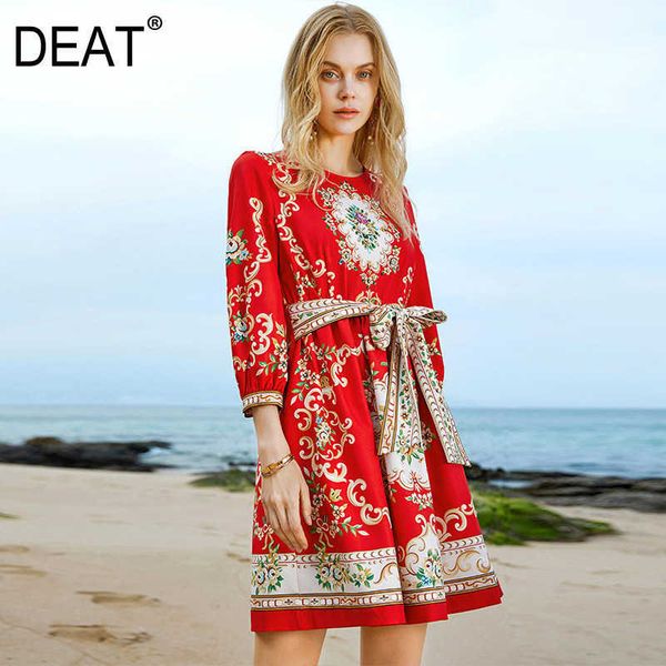 

[deat] spring summer fashion printing long sleeve diamonding high waist round neck elegant dress women 13c484 210527, Black;gray