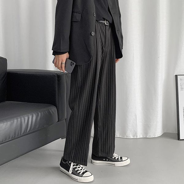

2021 New Men's Simple Black/gray Male Trend Suit Formal Cotton Loose Stripe Print Casual Pants Big M-5xl Size Abgx