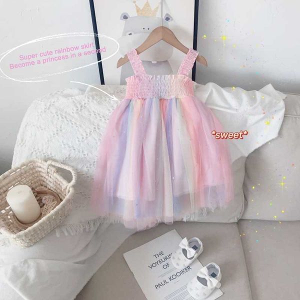 Kid Baby Girl Princess Rainbow Mesh Dress Party Lace Tutu Ball Gown Summer Bretella Wedding Abbigliamento per bambini Q0716