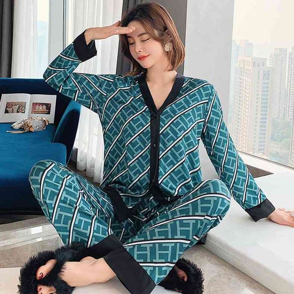 

women's sleepwear printed letter women rayon pajamas set summer satin ice silk home wear long sleeve loungewear suits with tourser, Black;red
