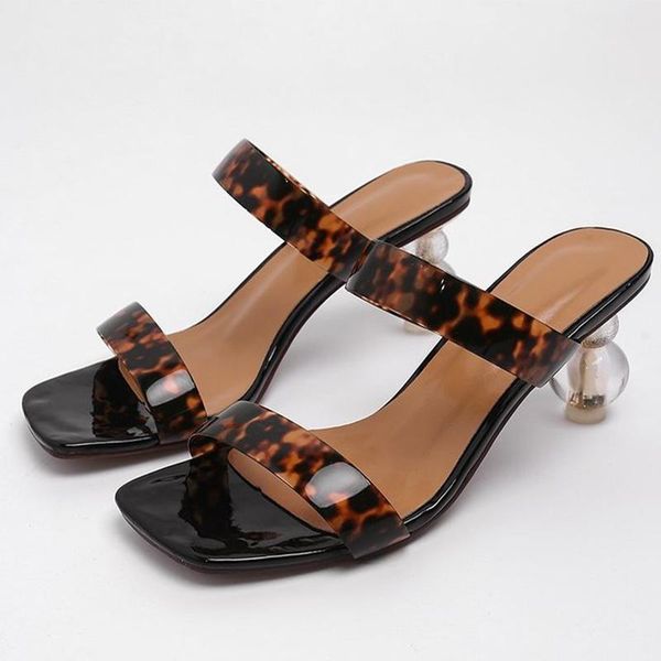 

women square toe slippers leopard slides crystal ball high heels shoes plus size fashion female pump shoes 2021 new summer5530300, Black