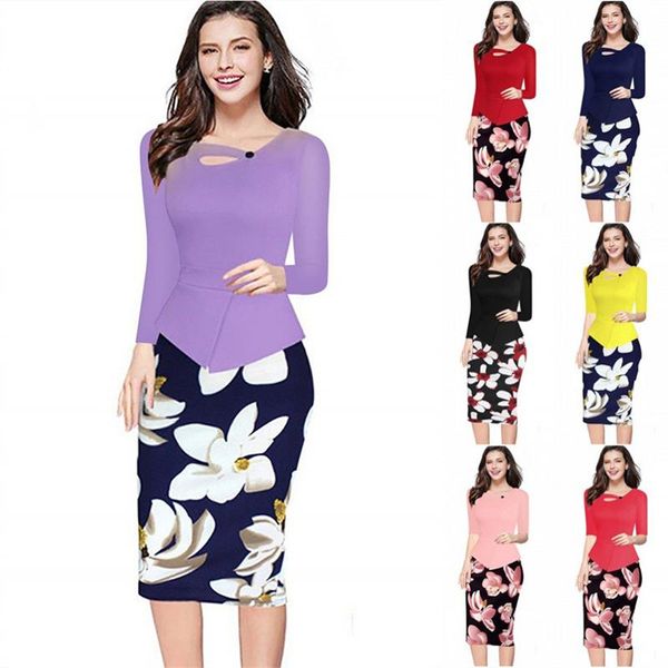 

casual dresses autumn spring long-sleeved office lady summer women's printed lotus leaf waist pencil stretch plus size slim dress s-5xl, Black;gray