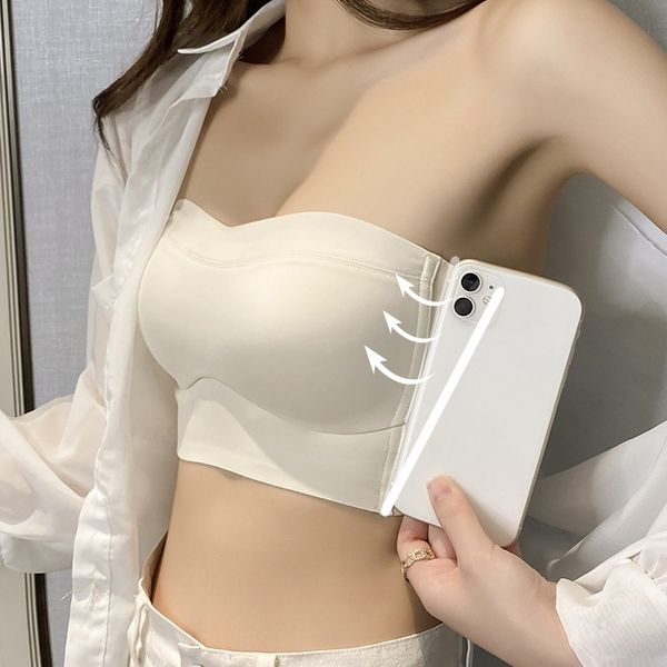 

plain oxygen insensible underwear gathers women's thin summer traceless large chest shows small wrapped bra strapless style, Red;black