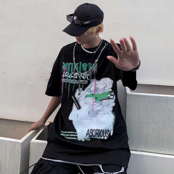 

summer street hip hop fashion brand loose short sleeve men's wear cool trend printed necklace decoration large t-shirt, White;black
