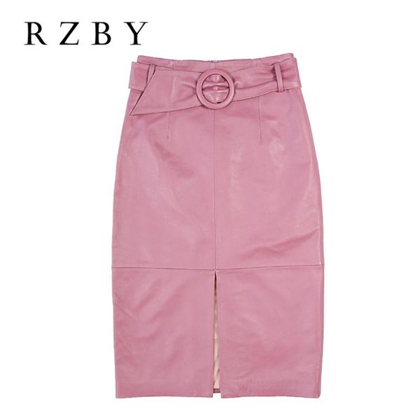 

women genuine leather high waist skirt female ring belt long wrap faldas mujer front slit real sheepskin pink jupe rzby291, Black