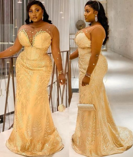 

2022 plus size arabic aso ebi gold mermaid prom dresses sheer neck lace evening formal party second reception gowns dress zj400, Black