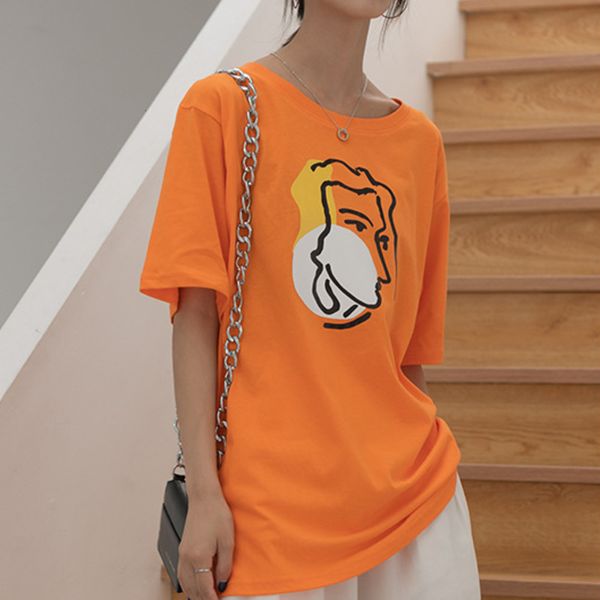 

2021 sketch color block figure print round neck short t-shirt women's summer new loose and half sleeve tee tjtv, White