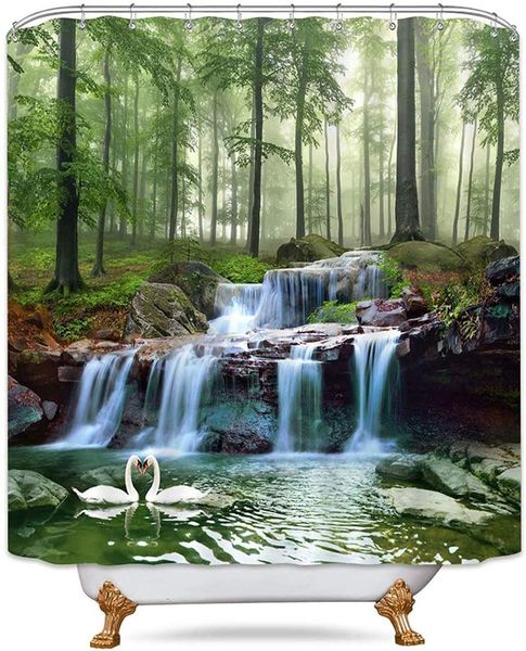 

shower curtains waterfall forest natural landscape swan tree jungle theme decoration background pattern bathroom curtain 3d printing 72x