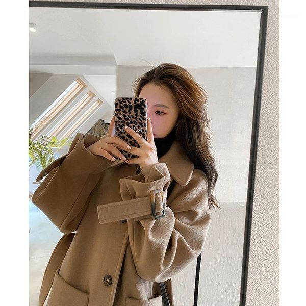 

tweed coat women's long knee length autumn and winter 2021 korean loose thickened hepburn wool & blends, Black