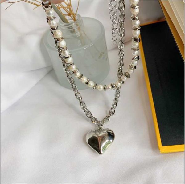 

chains double-layer design necklace french pearl thick chain love pendant, Silver