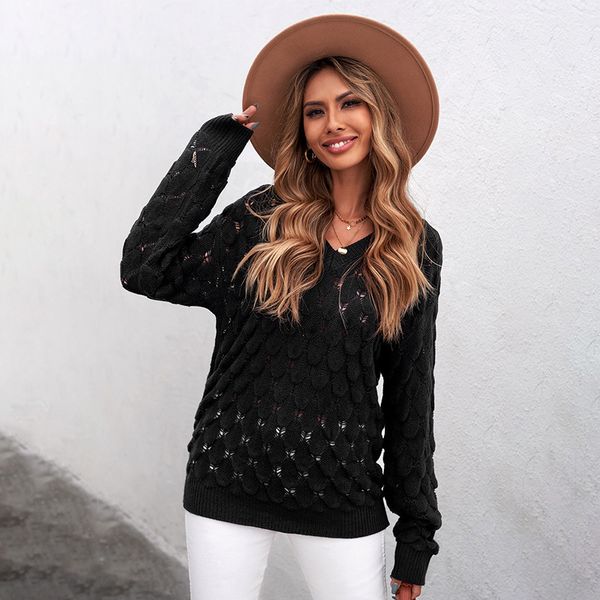 

shiying solid color sweater women's autumn winter 2021 fish scale v-neck button long sleeve 2721015, White;black