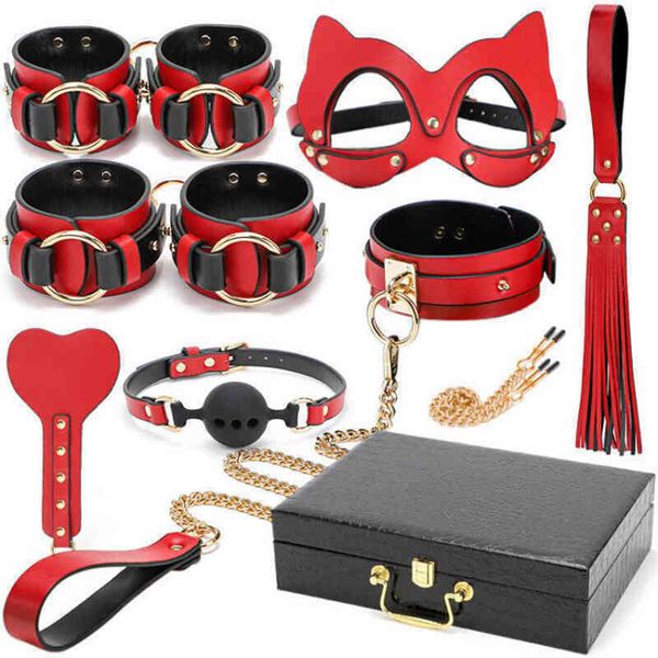 NXY SM Bondage Blackwolf Bdsm kits de couro conjunto fetiche algemas pescoço gag onda jogos eróticos para mulheres casais adulto 1216