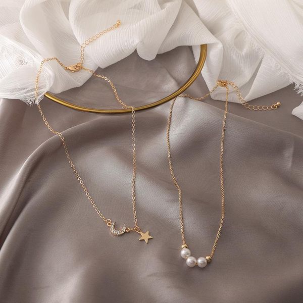 

pendant necklaces simple women jewelry 2021 pearl moon star necklace long chains for lady luxury party korea accessories, Silver