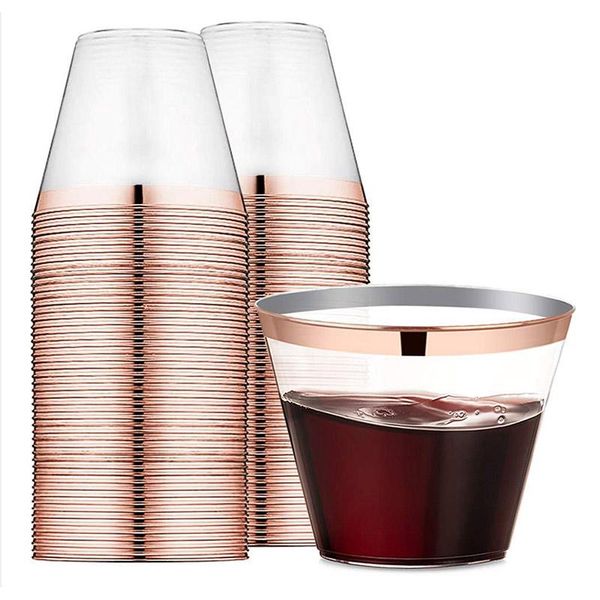 

disposable dinnerware 9 oz 60 packs rose gold edge transparent plastic cup - travel camping birthday wedding party