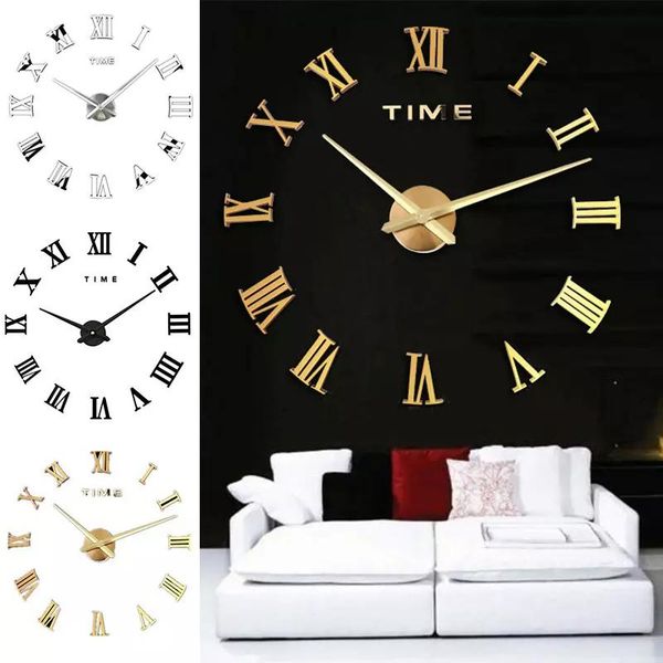 

wall clocks 3d diy mirror clock classic roman numeral surface luxury art silver black gold red home decoration style