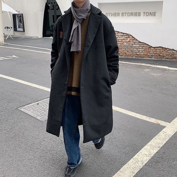 

2021 new winter long men's fashion solid color casual oversized men style woolen coat mens overcoat 3xhm, Black