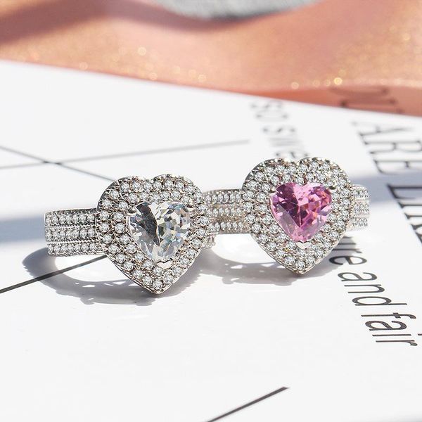

japanese and korean version of pink heart-shaped crystal ring elegant ladies for girlfriend romantic gift, Slivery;golden