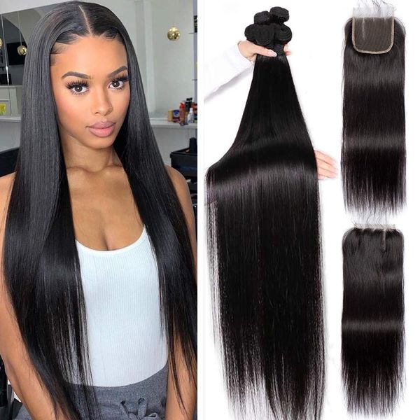 

30 32 34 36 38 40 inch brazilian straight human hair weaves extensions 4 bundles with closure middle 3 part double weft dyeable bleachable 1, Black