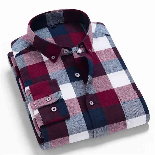 Camicia a maniche lunghe in flanella spazzolata a maniche lunghe da uomo Tasca a toppa singola Camicie a quadri scozzesi casual slim fit in cotone comodo 210721