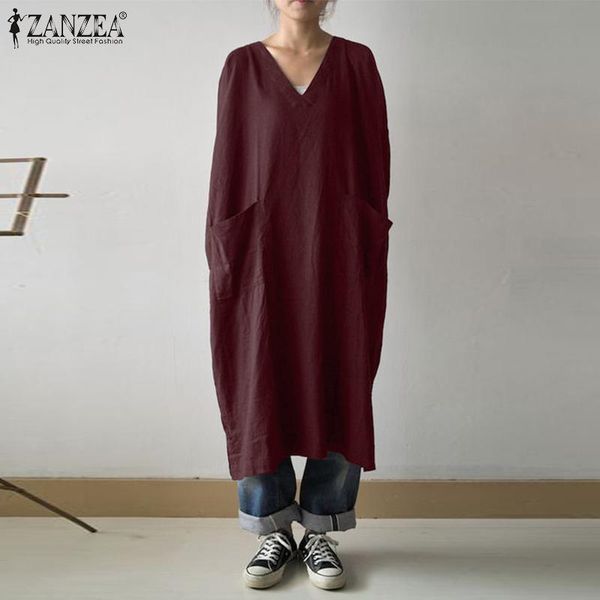 

casual dresses zanzea autumn solid cotton linen vestidos oversized kaftan dress women v neck long sleeve maxi sundress loose 5xl, Black;gray