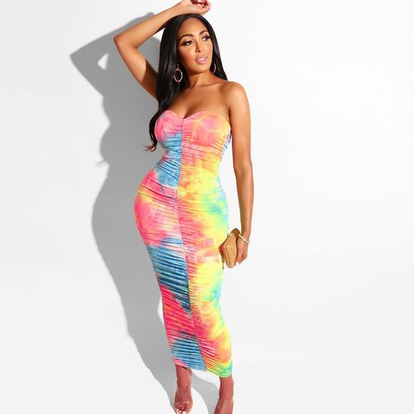 

casual dresses 2021 fashion women tie-dye tube dress summer off the shoulder printed maxi, Black;gray