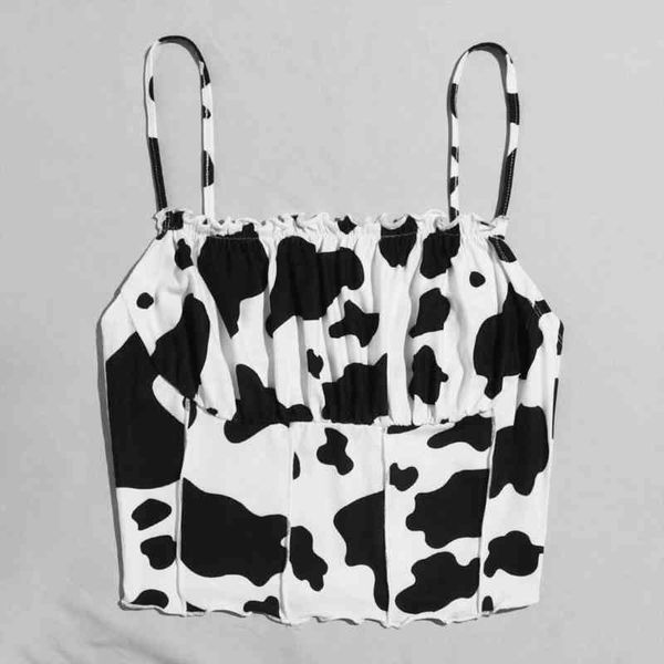 

ruffles crop women cute lace cow print sleeveless party clubwear low neck streetwear strap tank y2k aesthetic, White