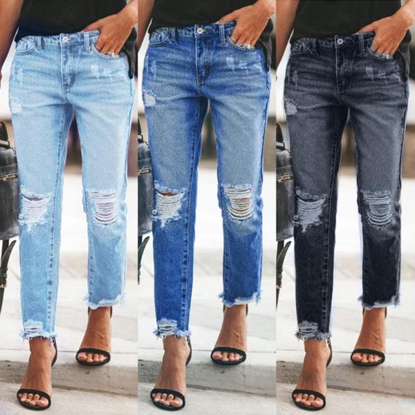 

women's jeans women mid waist ankle length lady solid color ripped tassels, Blue