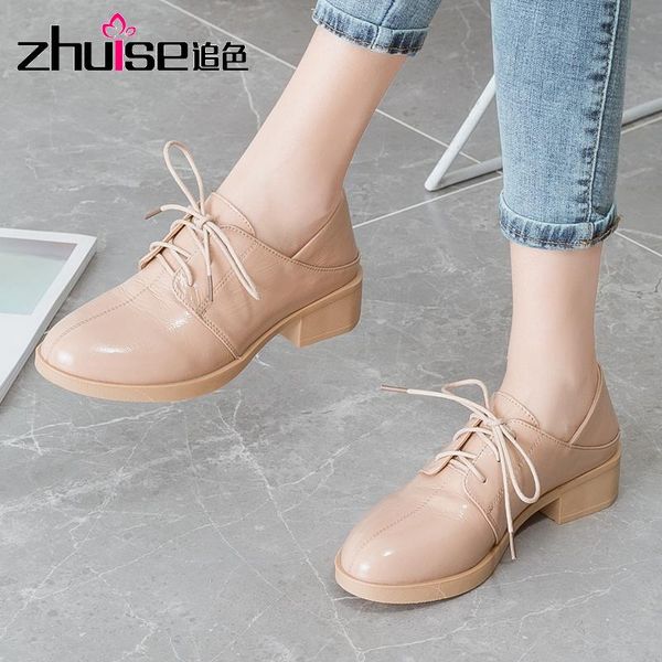 

dress shoes zhuise mid-heel deep mouth women's single 2021 autumn lace-up thick heel all-match casual leather, Black