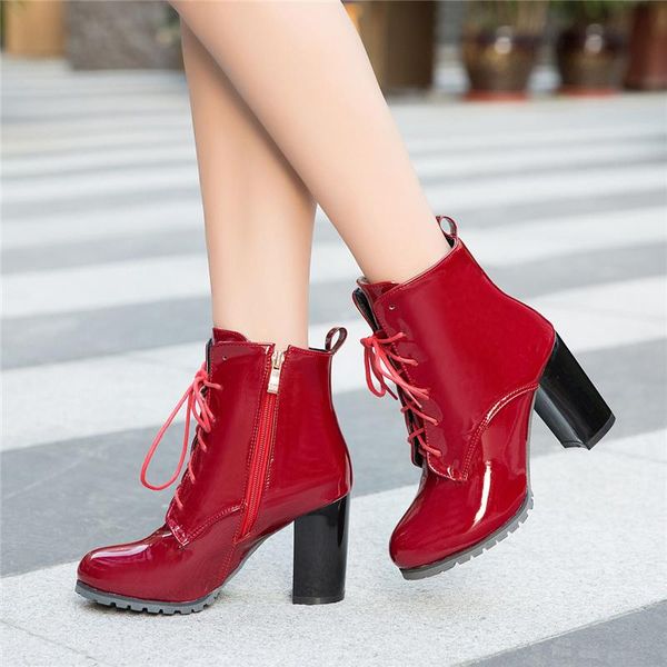 

boots lace up ankle for women 2021 winter women's fashion patent leather red black blue shoes lady large size 45 48
