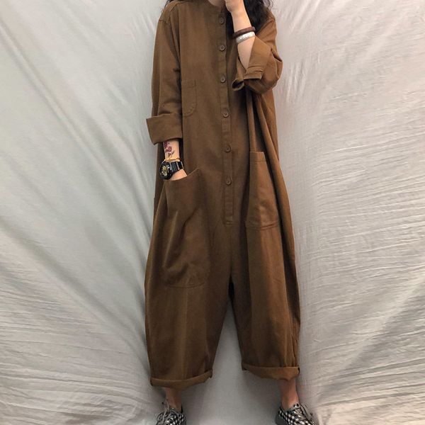 

2021 new fashion for plus size autumn with tools casual loose retro jump suits female black brown overalls dtso, Black;white