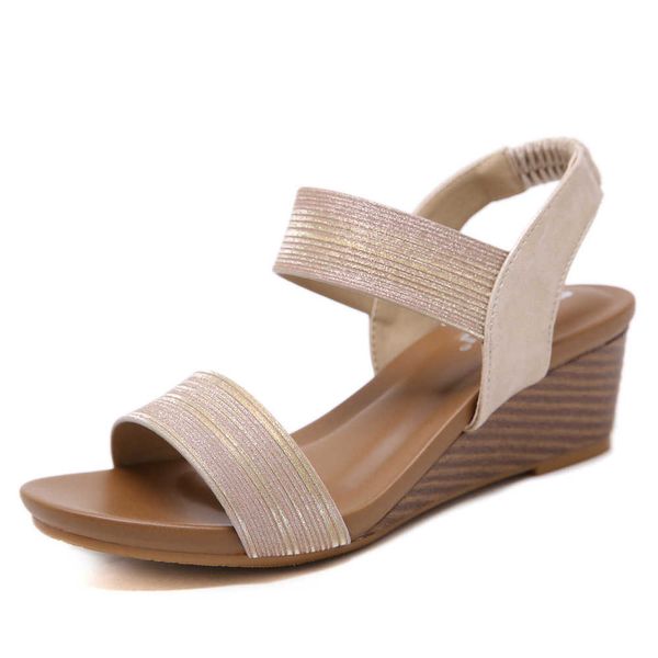 Koreanische Mode Keile Elastische Band Frauen Sandalen Zurück Strap Gold Pulver Casual Strand Med Ferse Plattform Plus Größe Sommer Schuhe y0721