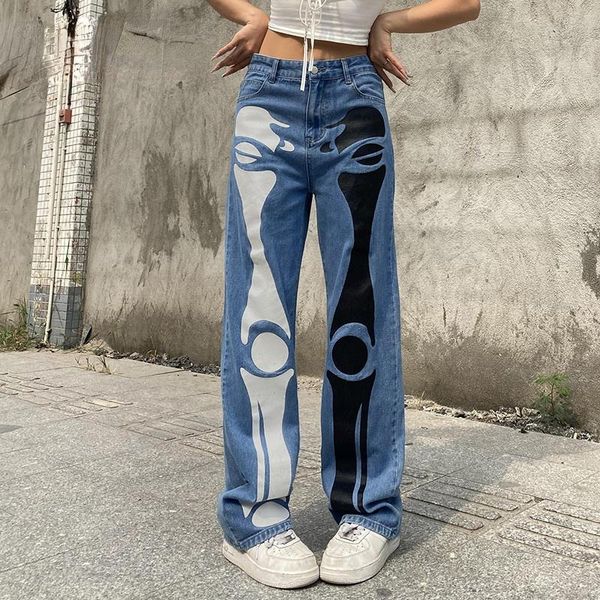 

women's pants & capris skull print harajuku punk jeans for women casual high waist denim trousers ladies fashion straight, Black;white