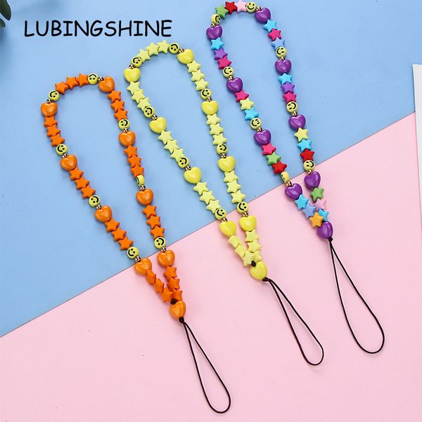 

national style mixed color acrylic lanyard love star smiling face beaded wristband mobile phone chain, Golden;silver
