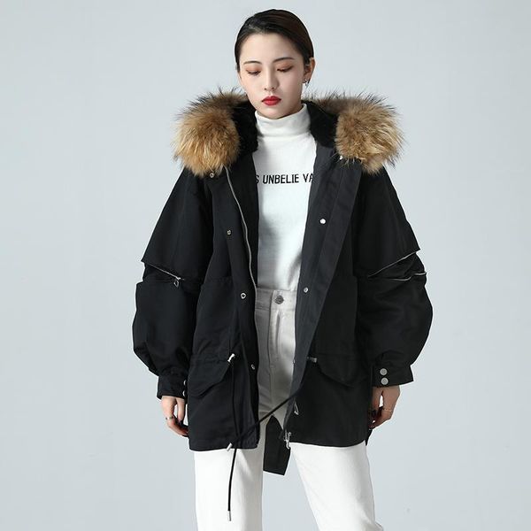 

women's fur & faux 2021 winter real coat female hole zipper waisted drawstring loose mid-length parkas lining detachable jacket, Black