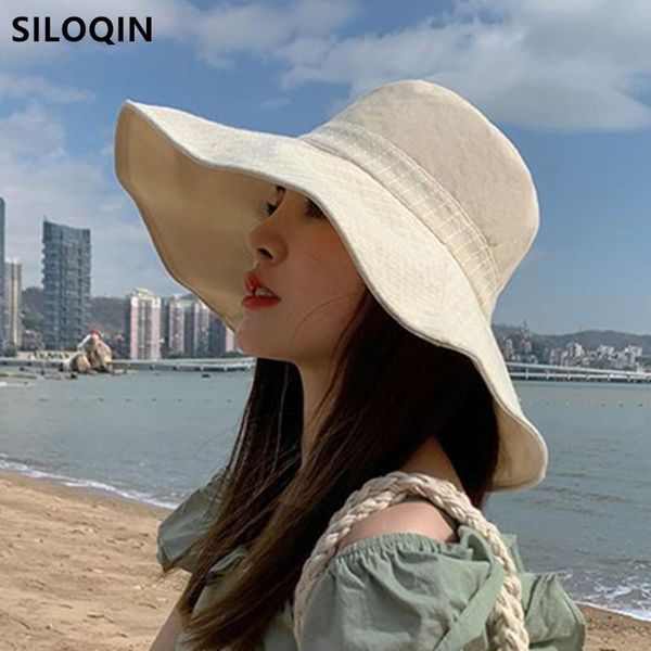 

wide brim hats siloqin foldable women's bucket summer oversized solid beach hat fashion trend sun protection anti-uv travel caps, Blue;gray