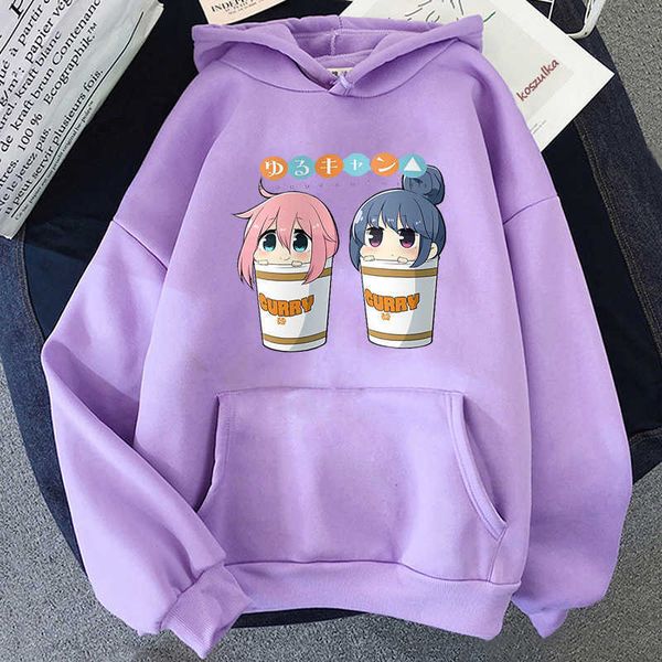 

men's hooded sweatshirt, camping suit, animation yuru, harajuku, manga kawaii, rin shimano and nadeshiko kagamihara, top, Black